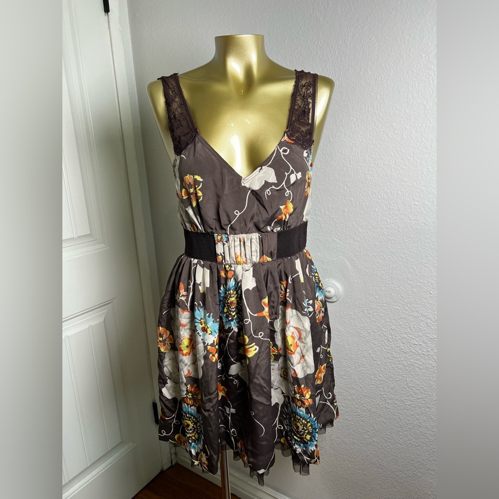 Free People Brown Floral Mini Dress with Lace Straps